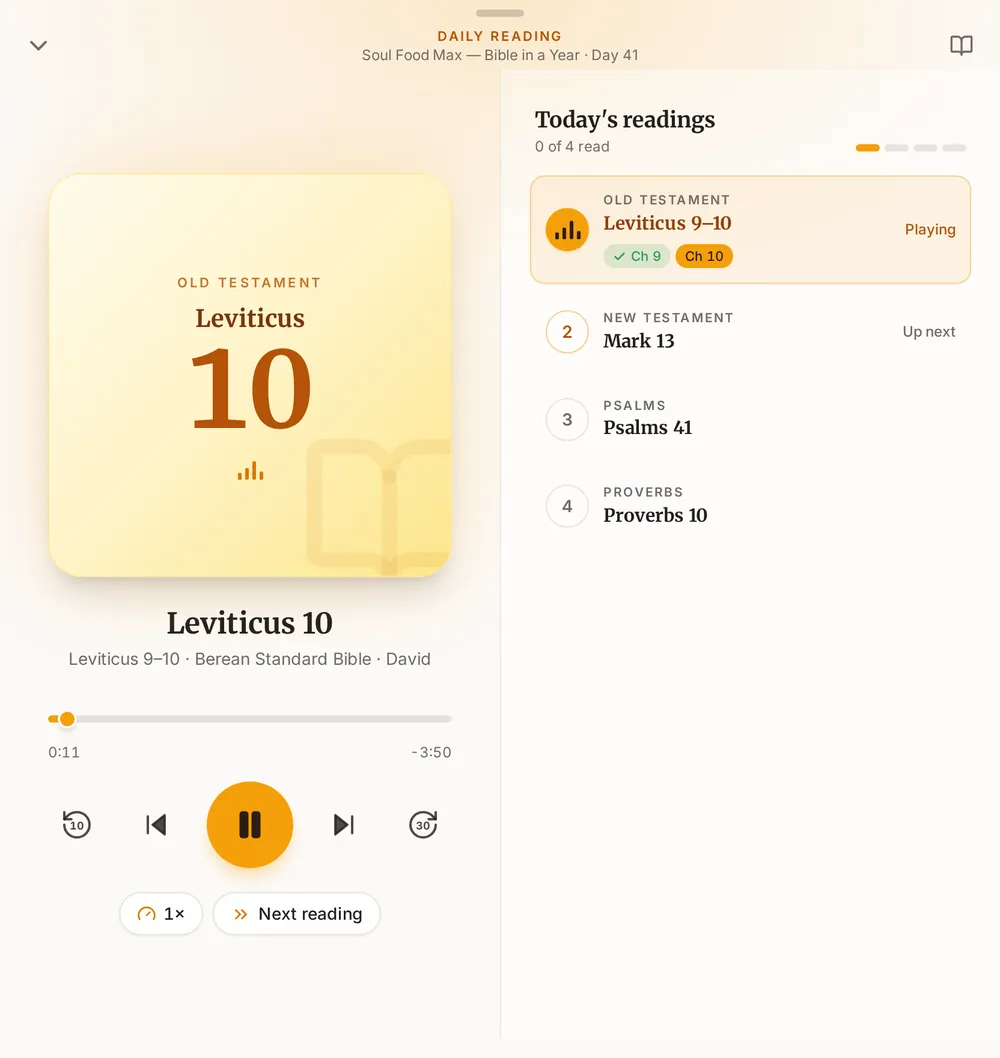 Now Playing on an unfolded Pixel Fold: the player on the left, the day’s four readings on the right with the first one playing.