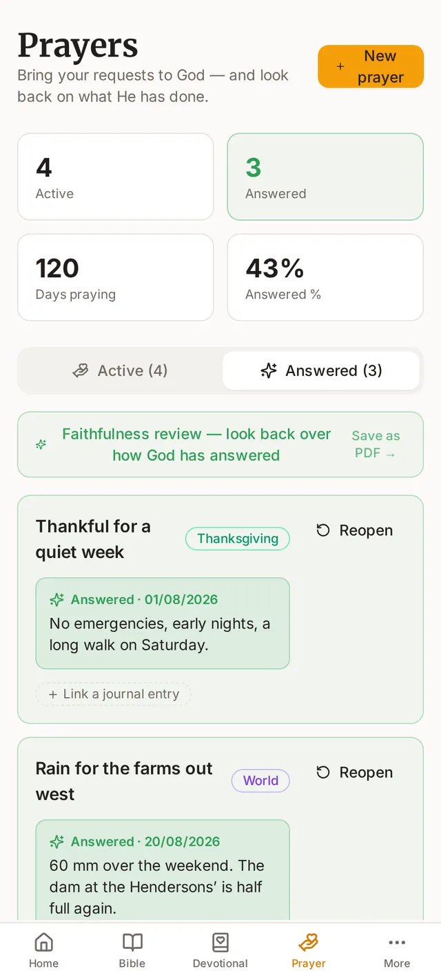 The Answered tab of the prayer list on a phone. Each answered prayer shows the date and a note on how it was answered.
