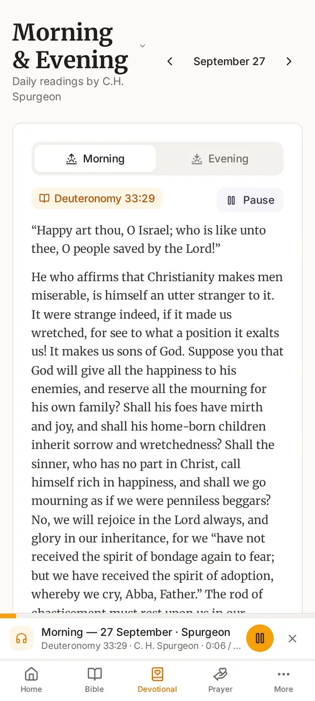 Spurgeon’s Morning reading for 27 September on a phone, with the recording playing in the mini-player at the bottom.