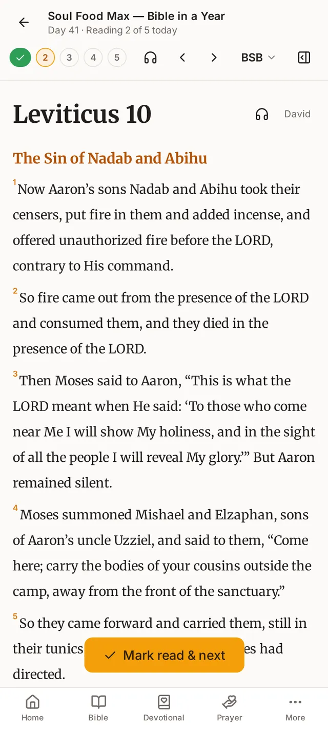 The guided reader on a phone, showing Leviticus 10 as the second of the day’s five readings.