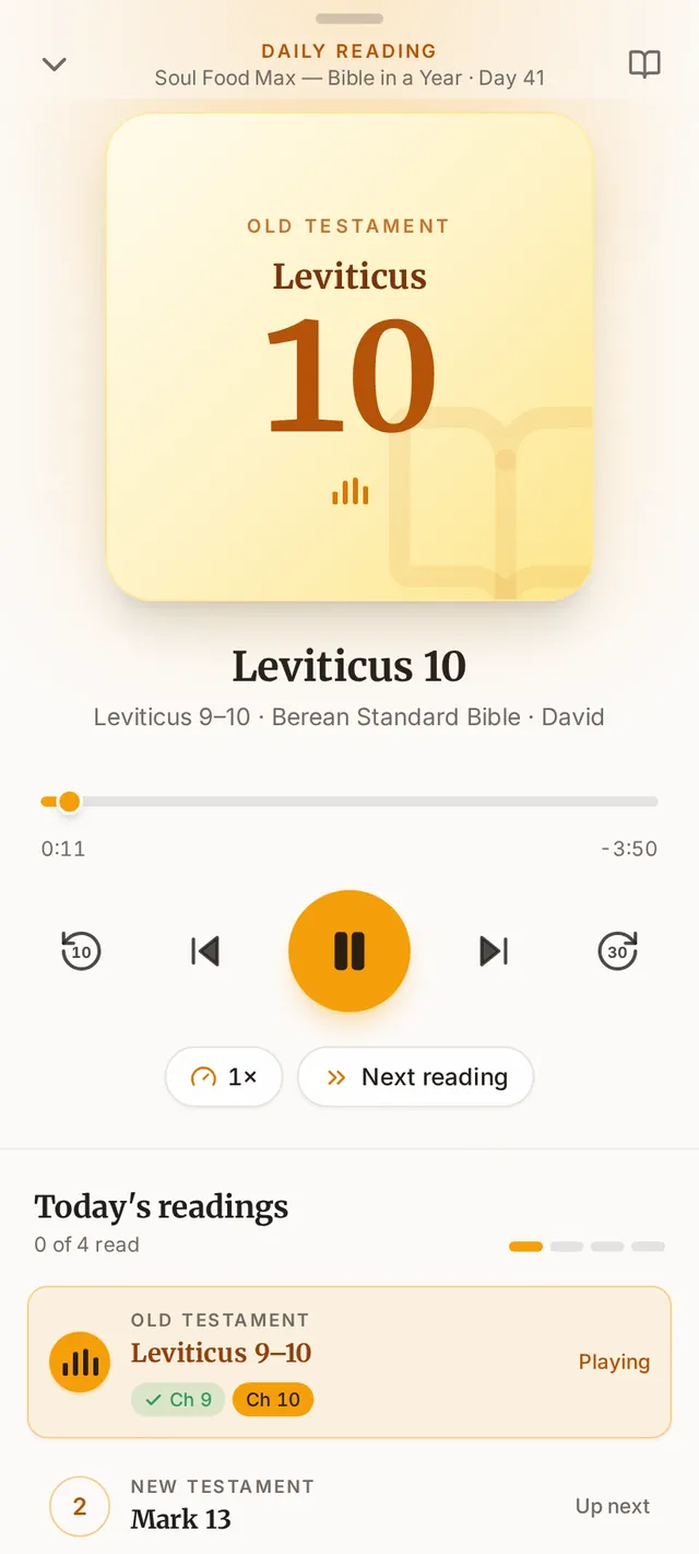 The Now Playing screen on a phone, playing Leviticus 10 from the day’s Bible-in-a-year reading, with the day’s four readings listed below.
