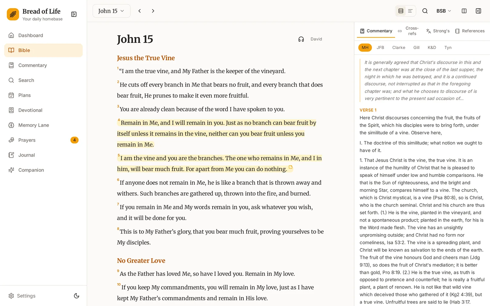 The Bible reader on a desktop computer, showing John 15 with verses 4 and 5 highlighted and Matthew Henry’s commentary open in the study panel beside it.