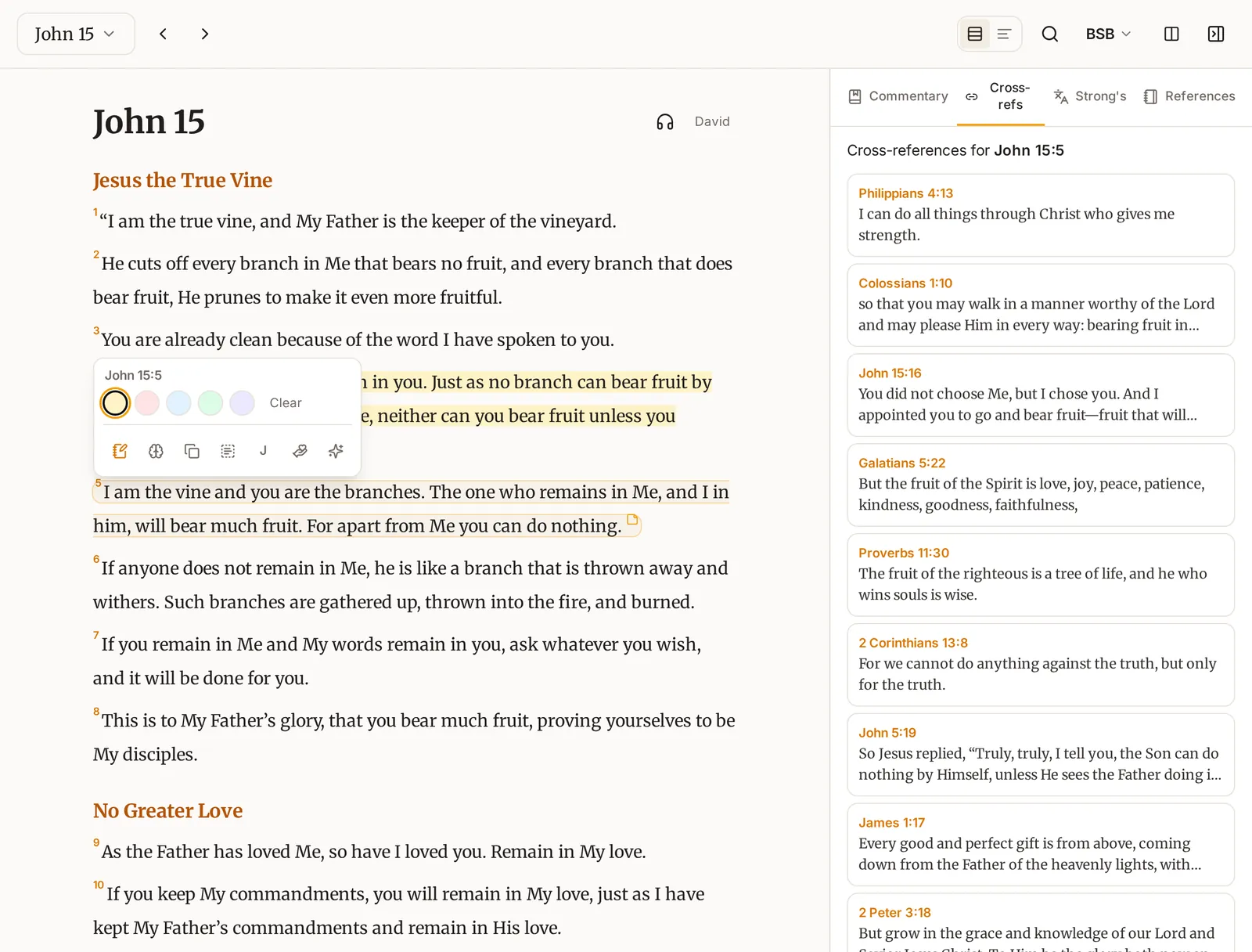 John 15 in the reader. Verse 5 is selected, with a toolbar offering five highlight colours, a note, copy, journal and prayer; the study panel beside it lists cross-references for John 15:5.